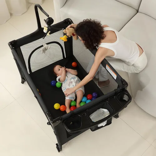 Vista 6 de Pack and Play, moisés para bebé, cama de noche, corralito de bebé con cambiador, corralito de viaje plegable para recién nacidos a niños pequeños
