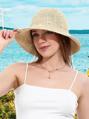 Vista 2 de Sombrero de sol para mujer, hecho a mano, cubo de paja de ganchillo para verano, plegable, gorra de viaje Beige