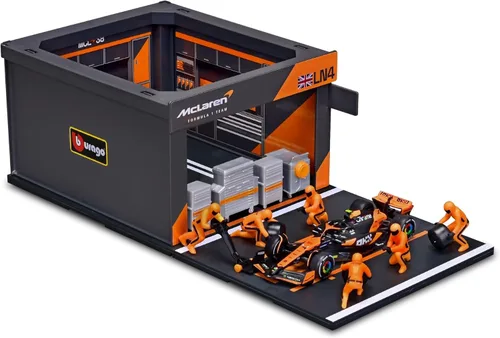 Vista 5 de Bburago 1:43 Escala 2024 Formula Race McLaren MCL38 Pit Pass Paddock Set, Norris #4