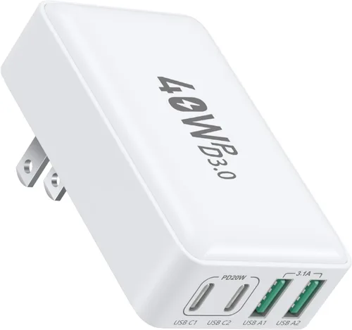 Vista 10 de Bloque de cargador plano USB C, enchufe de pared de carga rápida OKRAY 40W 4 puertos tipo C PD3.0&QC3.0 Multiport Charger Slim Travel Power