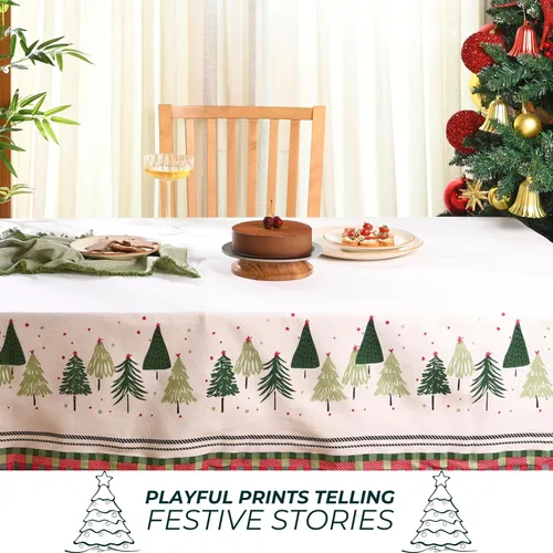 Vista 5 de Folkulture Mantel de Navidad rectangular de 60 x 72 pulgadas para decoración navideña del hogar, tela de algodón estilo granja, mantel rectangular