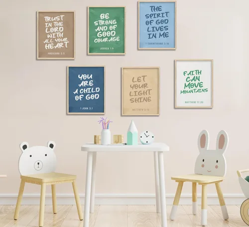 Vista 3 de Conjunto de 6 impresiones de pared de lona cristiana para guardería, versículos bíblicos para niños, citas inspiradoras, pintura, imagen, decoración