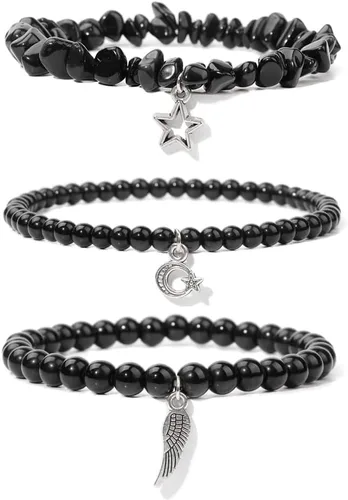 Vista 23 de Juego de 3 pulseras de cuentas de piedra natural para mujeres y hombres, estrellas y luna, alas de ángel, juego de pulseras curativas de reiki
