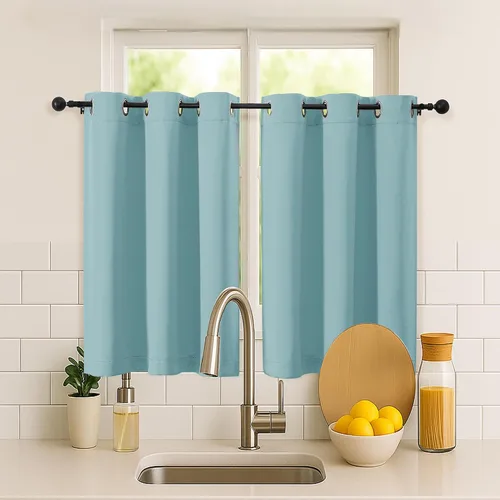 Vista 206 de Simplebrand Juego de 2 paneles de cenefa aguamarina para ventana de cocina de 14 pulgadas de largo, cortinas de oscurecimiento de habitación