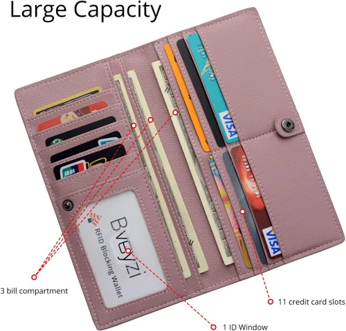 Vista 3 de Bveyzi Billeteras de cuero ultrafino con bloqueo RFID para tarjetas de crédito, billetera plegable para mujer