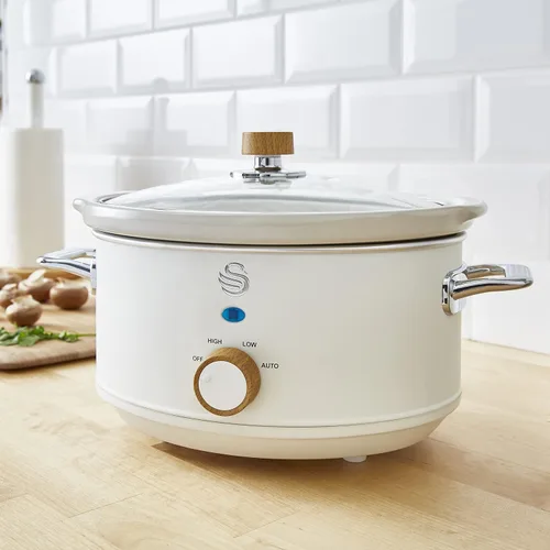 Vista 3 de Salton Swan - Olla de cocción lenta estilo nórdico con olla de cerámica extraíble, 3.5 litros (algodón blanco)