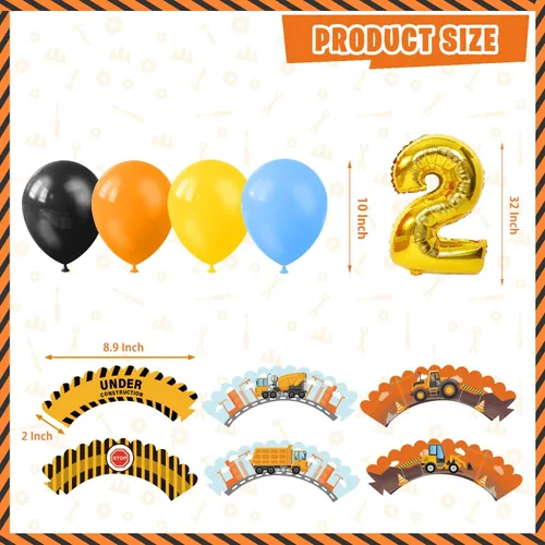 Vista 4 de Suministros de fiesta de cumpleaños de construcción para niños de 2 años, 139 piezas de decoraciones de fiesta de camión volquete para niños y bebés