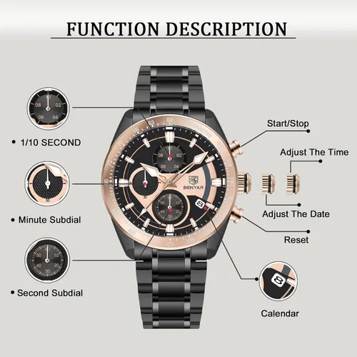 Vista 4 de Men Watch Quartz Chronograph Stainless Steel Strap Analogue Date Display Sports Leisure Business 30M Waterproof Elegant Gifts for Men