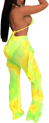 Vista 2 de Ophestin Conjunto de 2 piezas de traje de baño de 2 piezas para mujer, sexy, con cuello halter, traslúcido