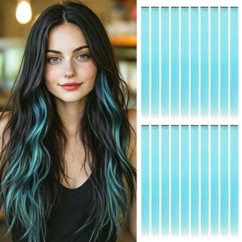 Vista 22 de 20 extensiones de cabello con clip de colores para niñas, extensiones de cabello arcoíris multicolor de 20 pulgadas, reflejos instantáneos, piezas