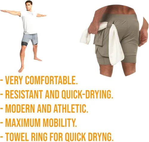 Vista 2 de Men's 2 in 1 Sports Shorts, Slim Fit, Lightweight, Comfortable, Quick Dry, Running, Cycling, Fitness, Yoga, Outdoor.