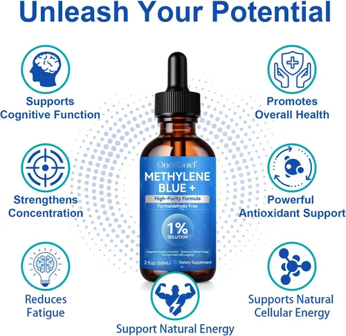 Vista 4 de Azul de metileno grado farmacéutico, gotas de azul de metileno para la salud cerebral y apoyo energético, sin formaldehído, sin alcohol, sin gluten