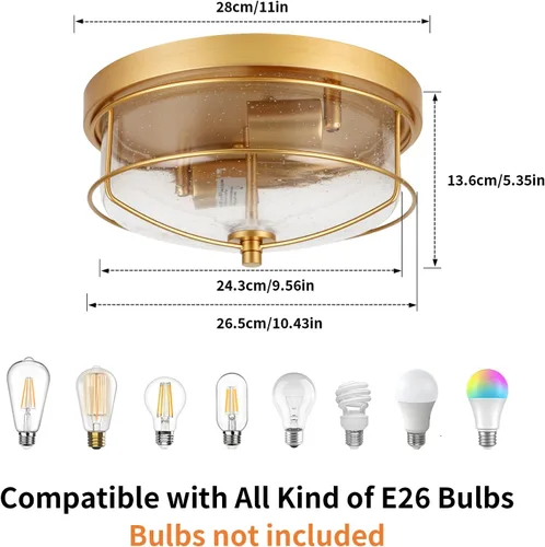 Vista 2 de Foucasal Lámpara de techo dorada de montaje empotrado con pantalla de vidrio semillado, moderna e industrial para exteriores e interiores, 2 luces