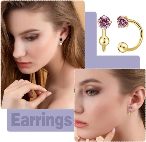 Vista 5 de Pequeños aretes de piedra natal natural de 0.118 pulgadas para mujeres, adolescentes y niñas, pequeños aretes de medio aro para cartílago