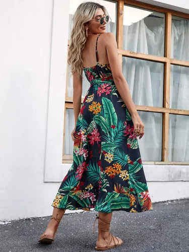 Vista 2 de WDIRARA Vestido de tirantes con cinturón sin mangas y cuello en V y estampado tropical para mujer