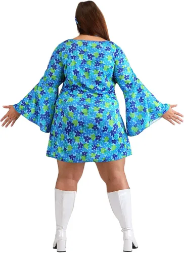 Vista 6 de Wildflower Hippie Dress Costume 70s Outfit For Women Floral Print Minidress, Scoop Neckline And Flared Sleeves