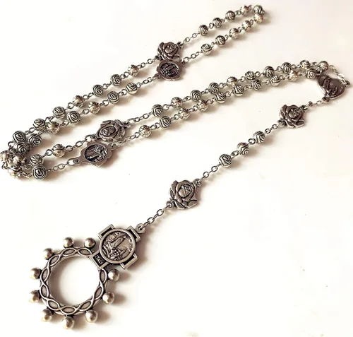 Vista 3 de elegantmedical Hecho a mano vintage plata rosa cuentas católica Nuestra Señora de Fátima Rosario Collar Cruz caja de regalo crucifijo Italia
