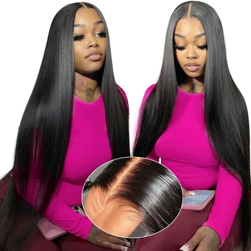 Vista 9 de Mengkai Pelucas de 28 pulgadas de encaje frontal liso de cabello humano, sin pegamento, prearrancadas con cabello de bebé, 13x4 de oreja a oreja