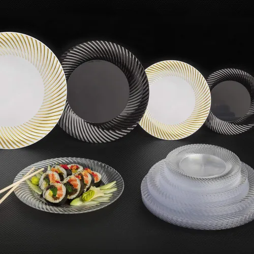 Vista 4 de Party Essentials 40 platos desechables de plástico duro de 9 pulgadas, platos desechables de porcelana con borde de remolino de ensalada