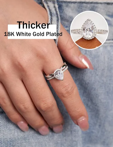 Vista 4 de Anillos de Compromiso en Forma de Pera de 2CT para Mujeres Anillos de Plata Esterlina en Forma de Lágrima con Circonia Cúbica Chapada en Oro Blanco
