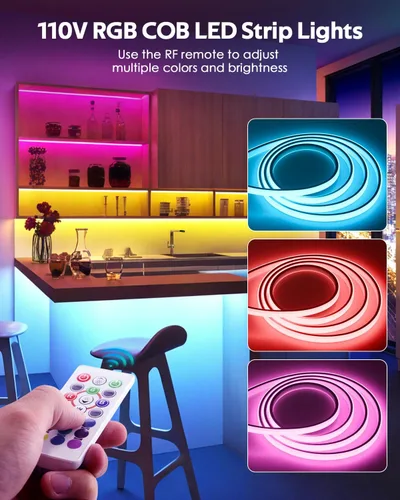 Vista 3 de 110V Tira de luz LED RGB COB Bluetooth de 10 pies, tira de luces LED multicolor ajustable flexible con control remoto, sincronización de música