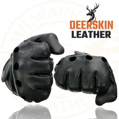 Vista 9 de Milwaukee Leather SH869 - Guantes de mano de motocicleta para hombre, color negro, perforado, piel de ciervo, con nudillo abierto y transpirable