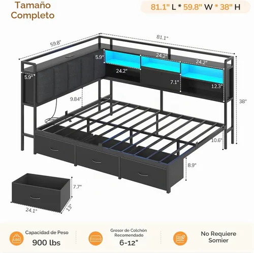 Vista 2 de Estructura de cama de esquina completa con 4 cajones, estantería y cabecero Negro