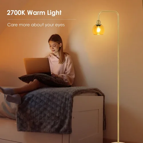 Vista 11 de Lámpara de pie moderna para sala de estar con bombilla LED de 6 W, lámpara de pie industrial, vidrio ámbar, lámpara alta de lectura clásica