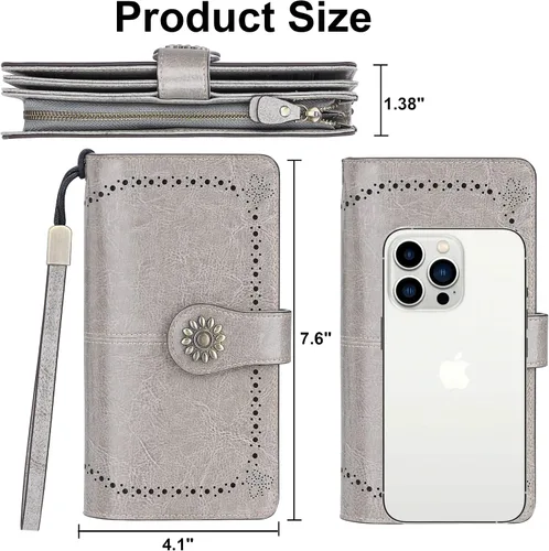 Vista 6 de Lavemi - Cartera de piel con bloqueo RFID para mujer, de gran capacidad, para llevarla a la muñeca