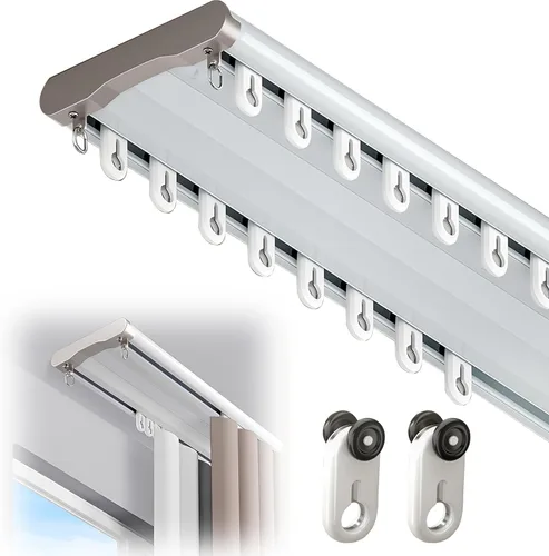 Vista 10 de Riel de Techo de Cortina Doble, Riel de Techo de Aleación de Aluminio de 3.3 pies (1m) con Rodillo Mejorado, Riel de Cortina de Aluminio Blanco