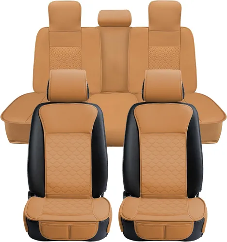 Vista 17 de Elantrip Fundas para Asiento de Coche de Cuero, Protector de Asiento de Coche para Mujeres, Compatible con Airbag, Funda de PU con Patrón de Beige