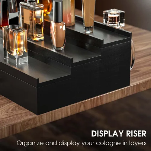 Vista 5 de Sephyroth Organizador de colonia para hombre, 3 niveles, estante elevado de exhibición de colonia con cajón, organización de perfumes y elevadores