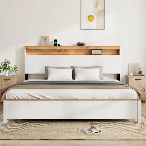 Vista 8 de Base de cama de madera de tamaño matrimonial, cama de plataforma de madera de pino maciza de color blanco con cabecero, 450 libras, resistente,