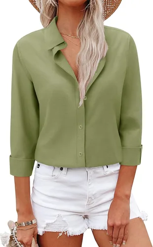 Vista 19 de Camisas con botones para mujer, camisas de vestir, trajes casuales de negocios, blusa ajustada con cuello, entrevista de trabajo, atuendo de oficina