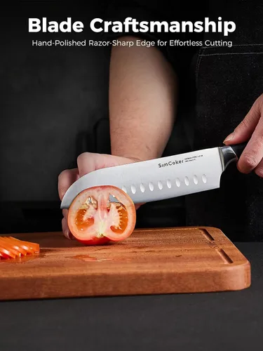 Vista 9 de Santoku - Cuchillo de 7 pulgadas, hoja alemana de acero inoxidable, cuchillo de corte profesional, mango ergonómico de madera de Pakkawood
