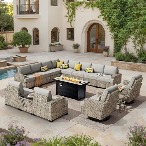 Vista 50 de HOOOWOOO Juego de muebles seccionales de patio con mesa de luz solar, 6 piezas de mimbre para exteriores, sofá en forma de L, juego de conversación