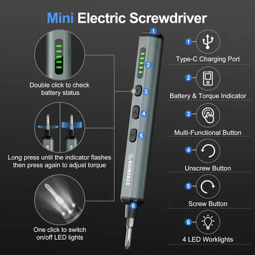 Vista 4 de STREBITO Destornillador eléctrico, mini destornillador eléctrico 67 en 1, 50 puntas magnéticas S2, 5 ajustes de torsión, 4 luces LED, juego