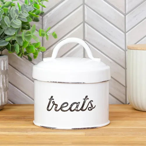 Vista 2 de AuldHome - Recipiente esmaltado para gatos, pequeño tarro rústico blanco para golosinas para mascotas