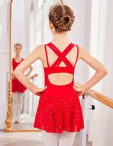 Vista 6 de Zaclotre Leotardos de gimnasia para niñas, con tirantes cruzados, brillantes vestidos de baile de ballet con espalda hueca y falda para disfraz