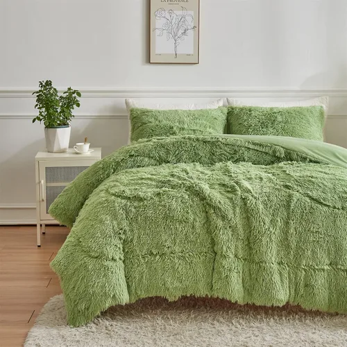 Vista 27 de Wajade Juego de edredón de felpa de pelo sintético teñido anudado negro, juego de ropa de cama mullido y peludo, juego de edredón de microfibra