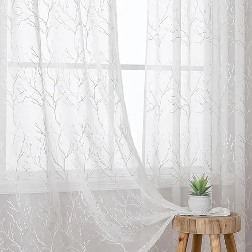 Vista 36 de VISIONTEX 2 paneles de cortinas traslúcidas de 63 in de largo, cortinas de gasa semitransparentes bordadas con hojas florales beige, bolsillo