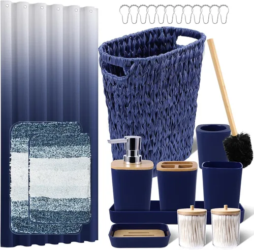 Vista 27 de Juego de accesorios de baño rosa con cortina de ducha y alfombras con purpurina, juegos de baño con alfombras de baño extrasuaves y absorbentes