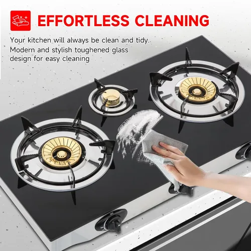 Vista 6 de Cocina de gas propano, estufa de gas de 3 quemadores portátil, vidrio templado de 0.28 pulgadas, encendido automático, 3 quemadores GLP para RV