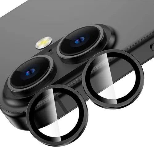 Vista 25 de YWXTW Protector de lente de cámara para iPhone 15/15 Plus/16e/ 17e, anillo de metal antiarañazos individual protector de pantalla de vidrio templado