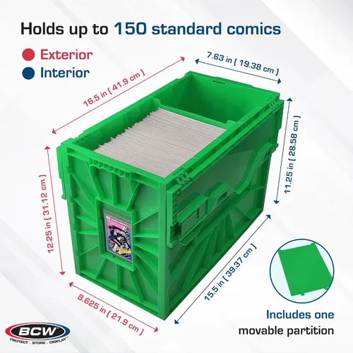 Vista 3 de BCW Recipiente corto para cómics Capacidad para 150 cómics Almacenamiento de plástico apilable Organizador sin ácido Verde, individual