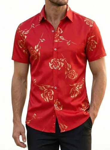Vista 9 de ZEROYAA - Camisas de vestir de manga corta con estampado de rosa dorada para hombre, estilo hipster, calce ajustado, con botones