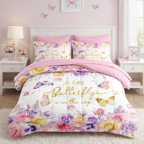 Vista 17 de Nesker Juego de edredón de primavera de 5 piezas, tamaño individual, juego de ropa de cama floral con mariposas para niños y adultos, juego