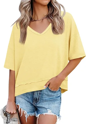 Vista 12 de Cicy Bell Camisetas de verano con cuello en V para mujer, casuales, de manga corta, holgadas, lindas camisetas básicas Caqui