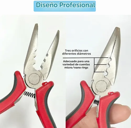 Vista 4 de Luwigs - Alicates de extensión de pelo con 3 agujeros, mini alicates para extensión de cabello Herramienta de metal resistente negro-rojo, fácil