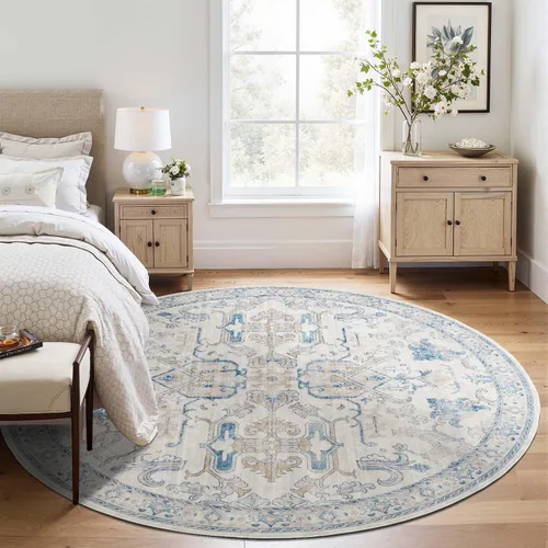 Vista 402 de jinchan Lima - Alfombra simétrica floral geométrica lavable, alfombra de entrada de medio círculo de 2 x 3, alfombra de media luna, suave y Azul